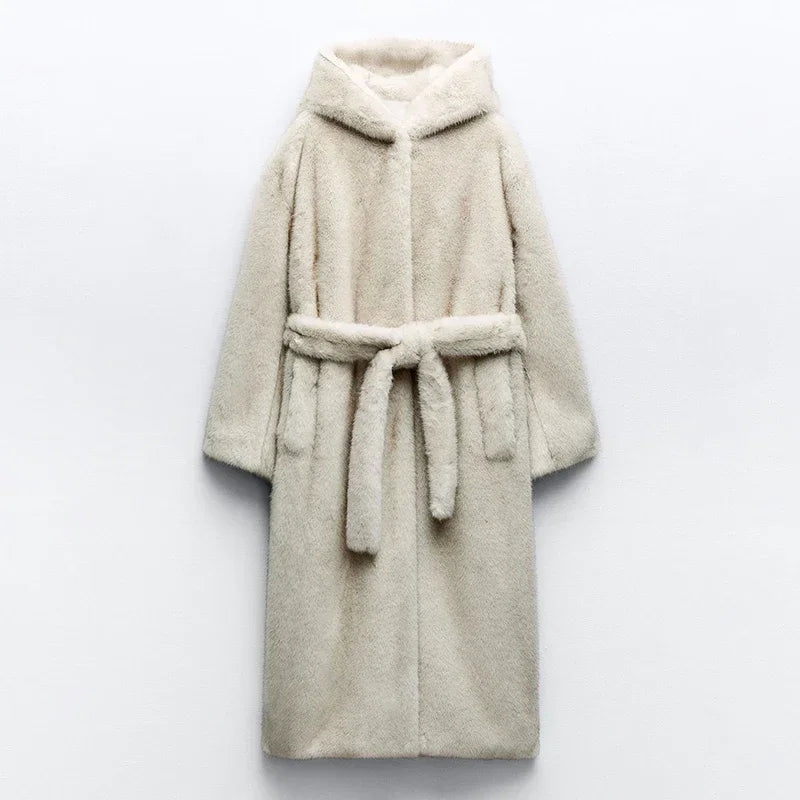 Neo Mint ceinturé fausse fourrure de vison manteau femmes 2025 hiver Beige dégradé fourrure veste de luxe marque à capuche chaud manteau d'extérieur