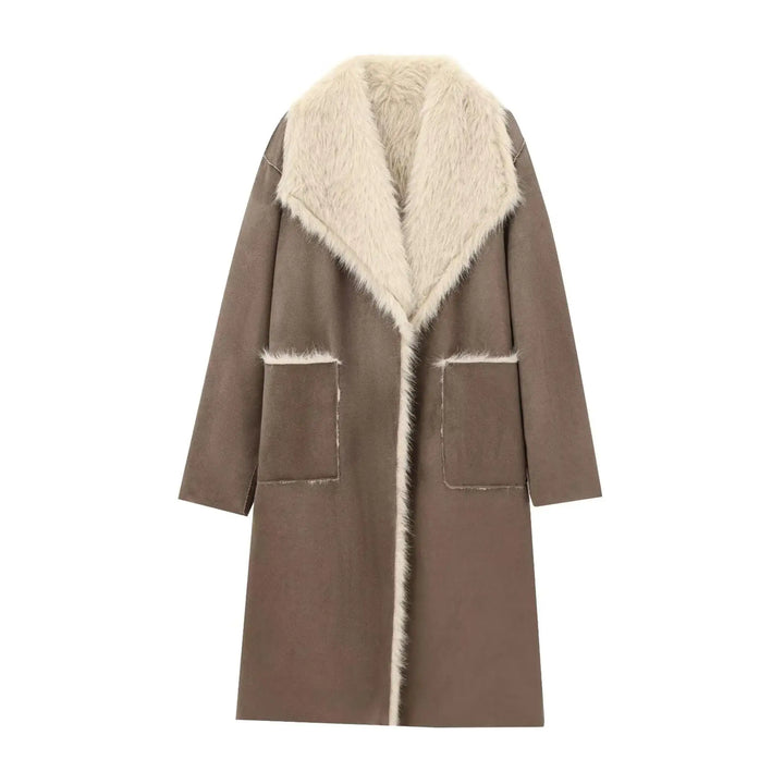 Femmes rétro réversible Long manteau décontracté fausse fourrure revers simple bouton poche veste dames hiver mode rue vêtements d'extérieur chauds