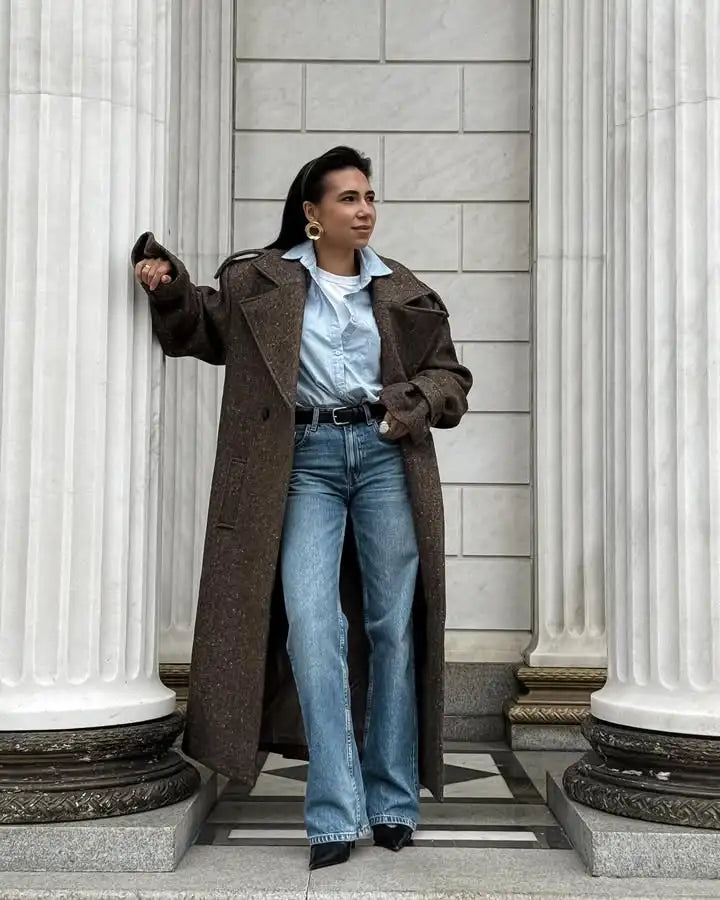Trench-Coat Long en laine à revers pour femmes, manches longues, simple boutonnage, pardessus ample, vêtements d'extérieur pour les déplacements au bureau, automne 2025