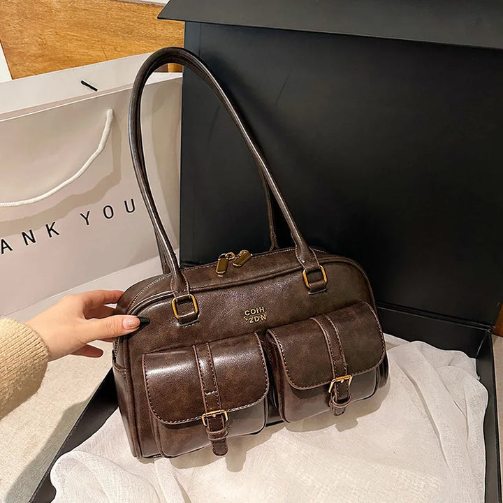 Sac à main multi-poches marron café pour femmes, sac à bandoulière élégant et polyvalent avec lettres pour les voyages, le travail, les dates de shopping