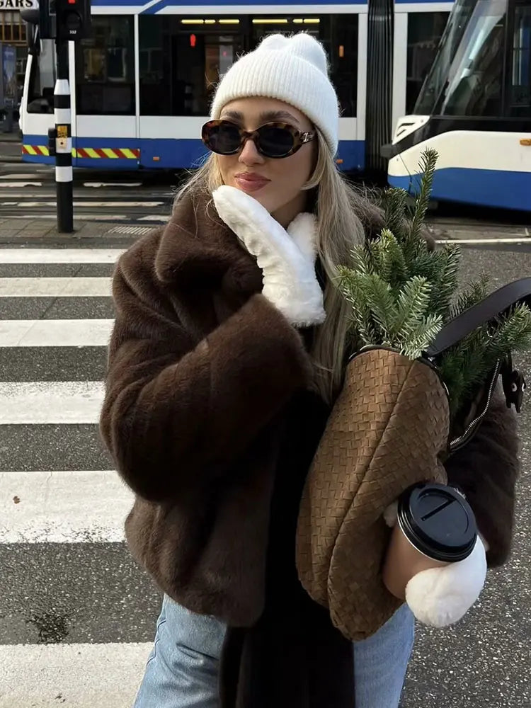 HH femmes décontracté marron court fausse fourrure manteau col rabattu à manches longues veste 2025 automne hiver ample haute rue vêtements d'extérieur