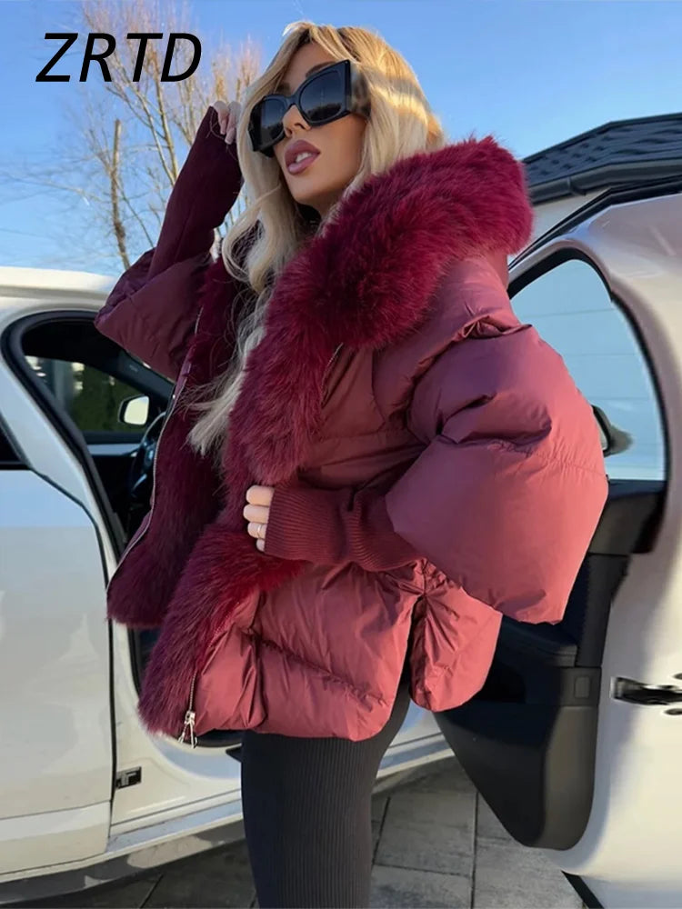 Mode femmes fausse fourrure à capuche vestes d'hiver 2025 chaud Patchwork fermeture éclair manches longues manteaux bouffant femme solide doudoune