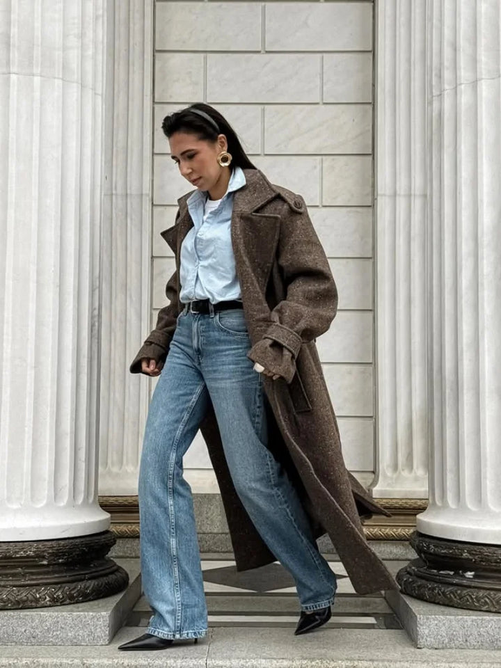Trench-Coat Long en laine à revers pour femmes, manches longues, simple boutonnage, pardessus ample, vêtements d'extérieur pour les déplacements au bureau, automne 2025
