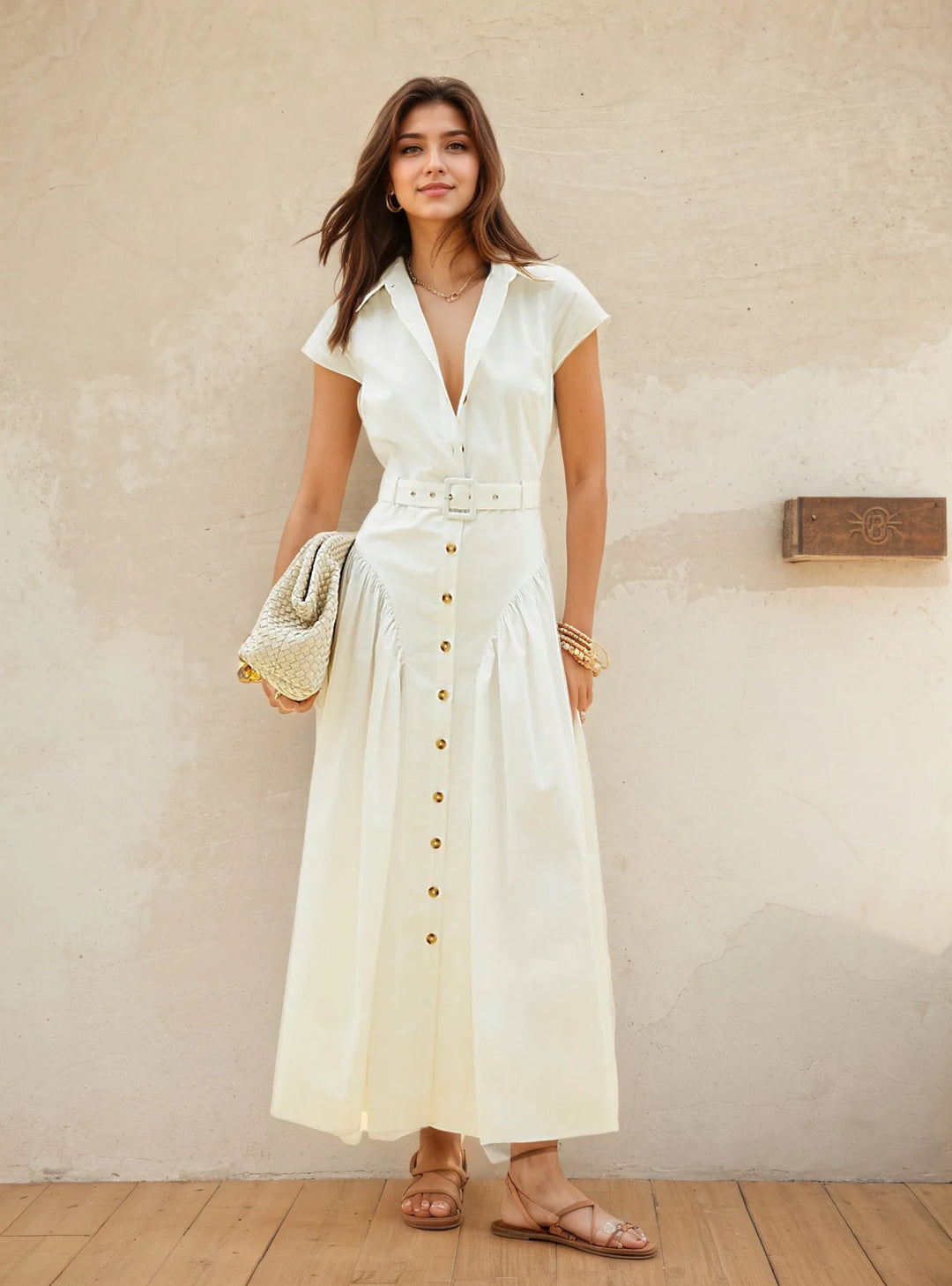 Robe longue à revers style français, simple boutonnage, pour femme, coupe ajustée, idéale pour l'été, vêtement féminin tendance pour le bureau