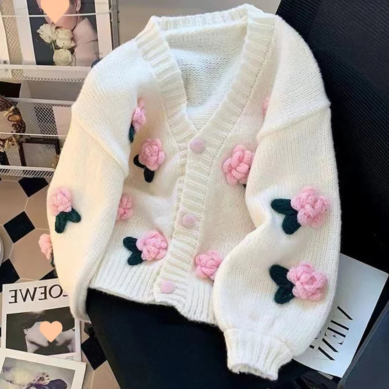 Cardigan tricoté à fleurs 3D pour femme, doux et mignon, coréen, assorti avec tout, col en v, manteau, automne hiver, Style doux, nouvelle collection