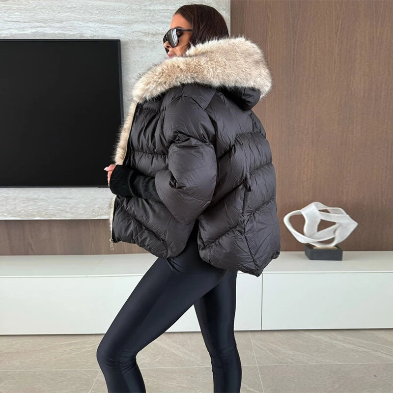 Mode femmes fausse fourrure à capuche vestes d'hiver 2025 chaud Patchwork fermeture éclair manches longues manteaux bouffant femme solide doudoune