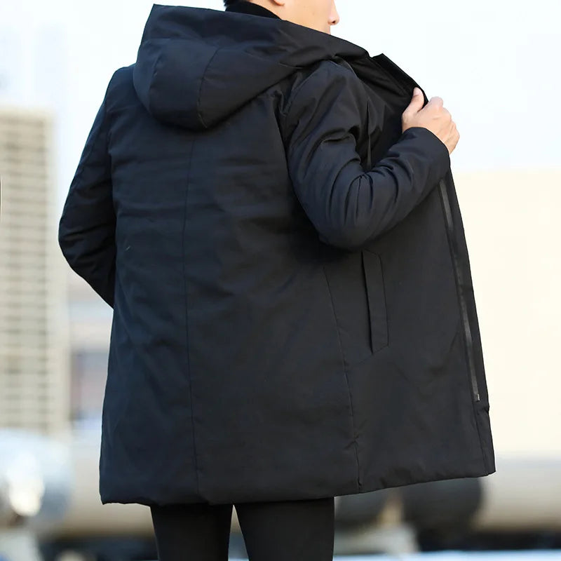 Veste d'hiver à capuche pour homme, manteau Simple, couleur unie, épais, chaud, coupe-vent, mi-long, manches longues, fermeture éclair, vêtements d'extérieur, nouvelle collection