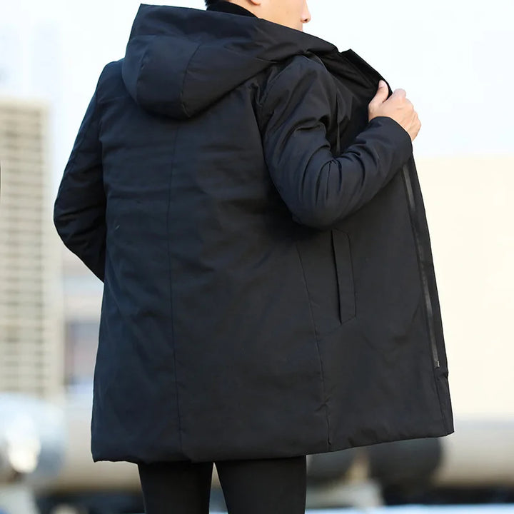 Veste d'hiver à capuche pour homme, manteau Simple, couleur unie, épais, chaud, coupe-vent, mi-long, manches longues, fermeture éclair, vêtements d'extérieur, nouvelle collection