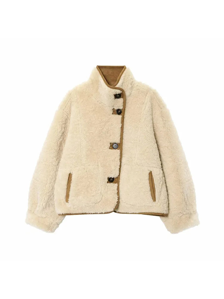 Femmes 2025 Double face porter agneau velours manteau femmes mode col montant simple boutonnage poche courte veste dame vêtements d'extérieur