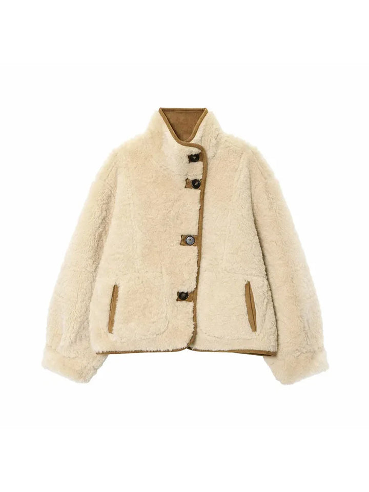 Femmes 2025 Double face porter agneau velours manteau femmes mode col montant simple boutonnage poche courte veste dame vêtements d'extérieur