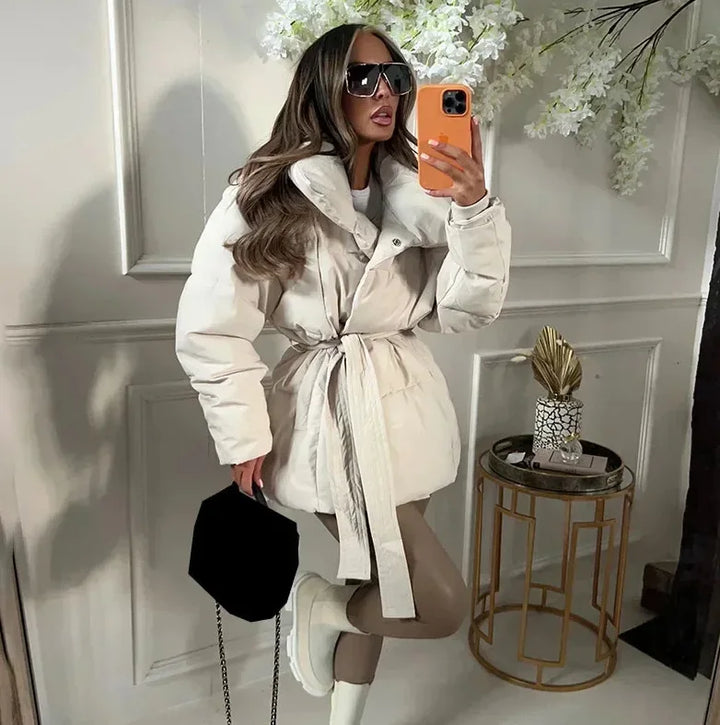 Vestes en coton à la mode pour femmes, manteaux élégants à col montant et manches longues à lacets, vêtements d'extérieur chauds et chics pour dames, nouvelle collection hiver 2026