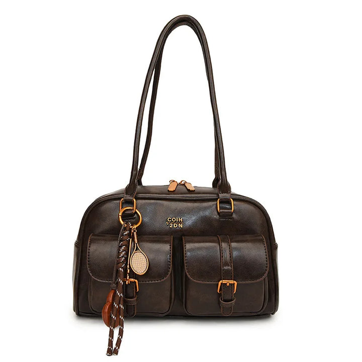 Sac à main multi-poches marron café pour femmes, sac à bandoulière élégant et polyvalent avec lettres pour les voyages, le travail, les dates de shopping