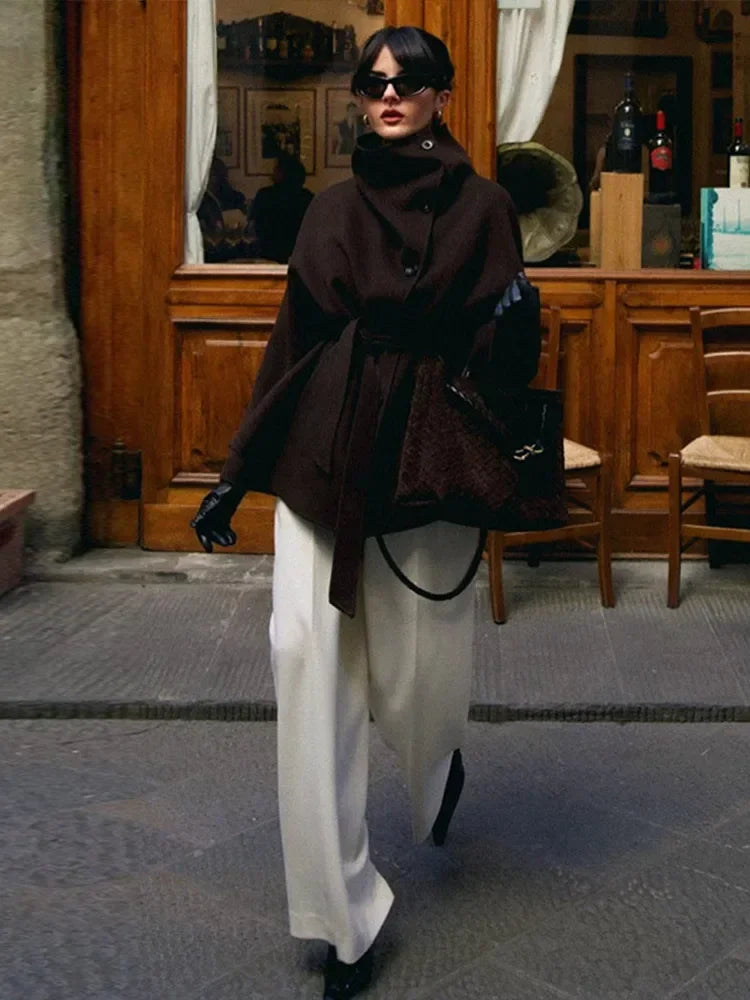 Manteau en laine à col montant pour femmes, couleur unie, manches longues, simple boutonnage, veste à lacets, vêtements d'extérieur quotidiens, nouvelle collection printemps automne 2026