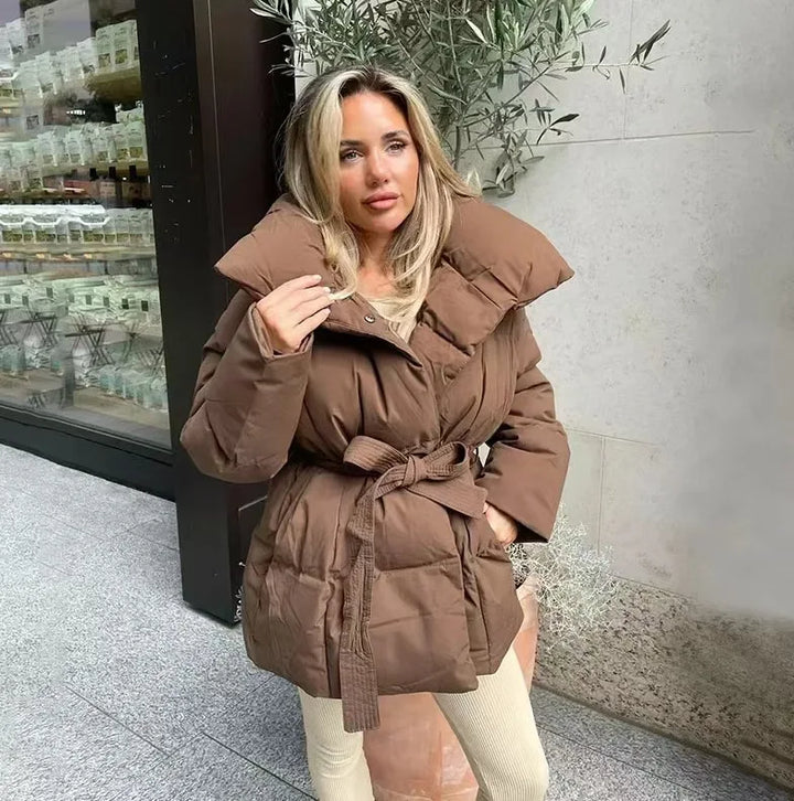 Vestes en coton à la mode pour femmes, manteaux élégants à col montant et manches longues à lacets, vêtements d'extérieur chauds et chics pour dames, nouvelle collection hiver 2026