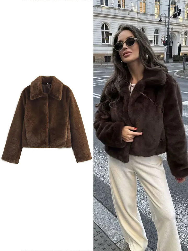 HH femmes décontracté marron court fausse fourrure manteau col rabattu à manches longues veste 2025 automne hiver ample haute rue vêtements d'extérieur