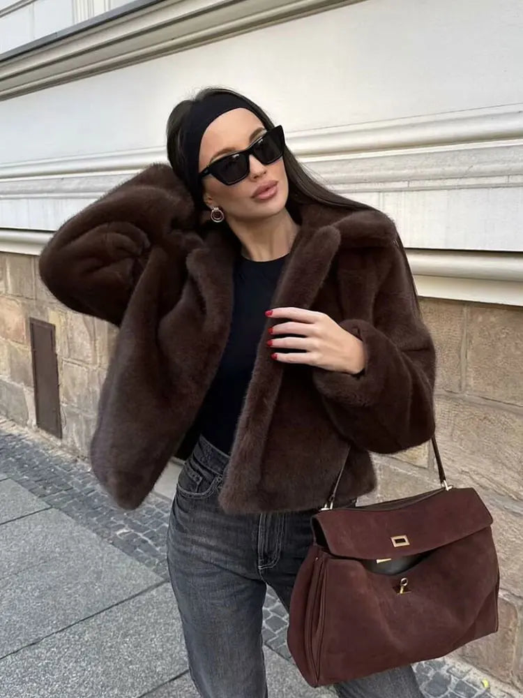HH femmes décontracté marron court fausse fourrure manteau col rabattu à manches longues veste 2025 automne hiver ample haute rue vêtements d'extérieur