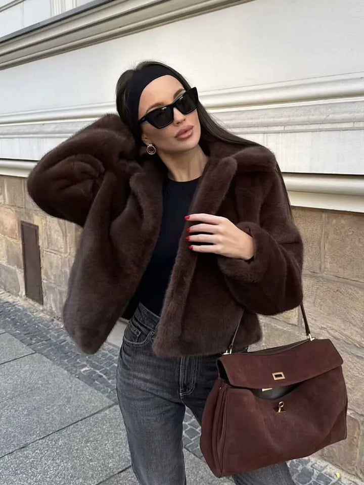 HH femmes décontracté marron court fausse fourrure manteau col rabattu à manches longues veste 2025 automne hiver ample haute rue vêtements d'extérieur
