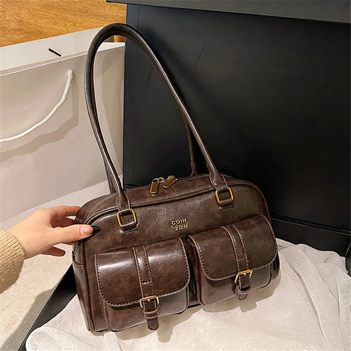 Sac à main multi-poches marron café pour femmes, sac à bandoulière élégant et polyvalent avec lettres pour les voyages, le travail, les dates de shopping