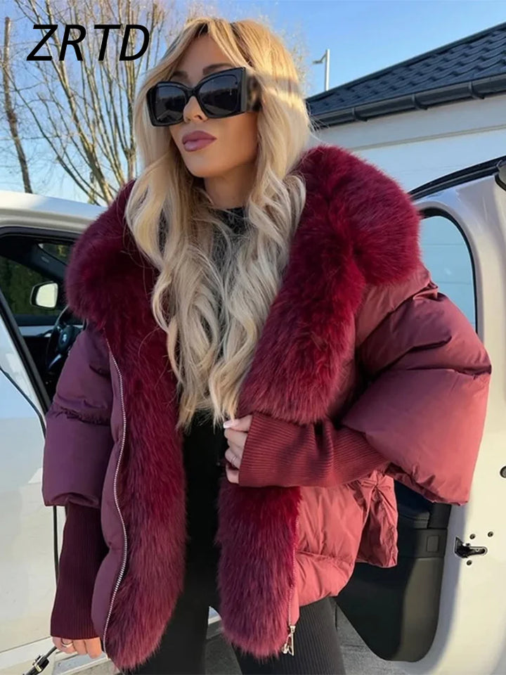 Mode femmes fausse fourrure à capuche vestes d'hiver 2025 chaud Patchwork fermeture éclair manches longues manteaux bouffant femme solide doudoune