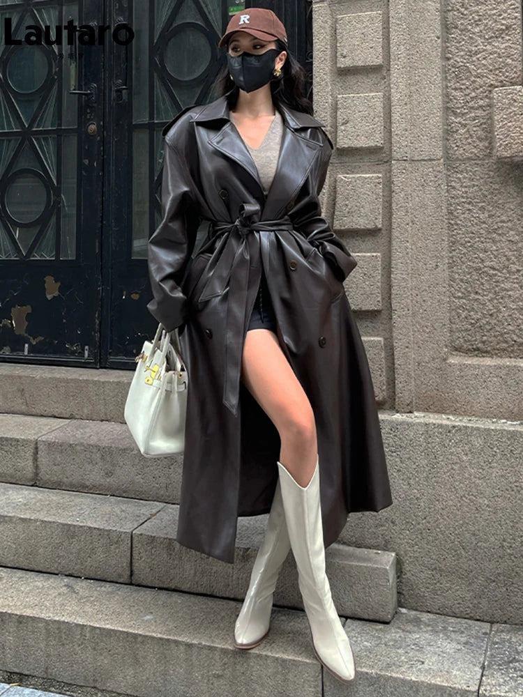 Lautaro – Trench-Coat en Faux cuir doux pour femmes, Long marron noir, ceinture à Double boutonnage, pardessus de luxe élégant, printemps automne