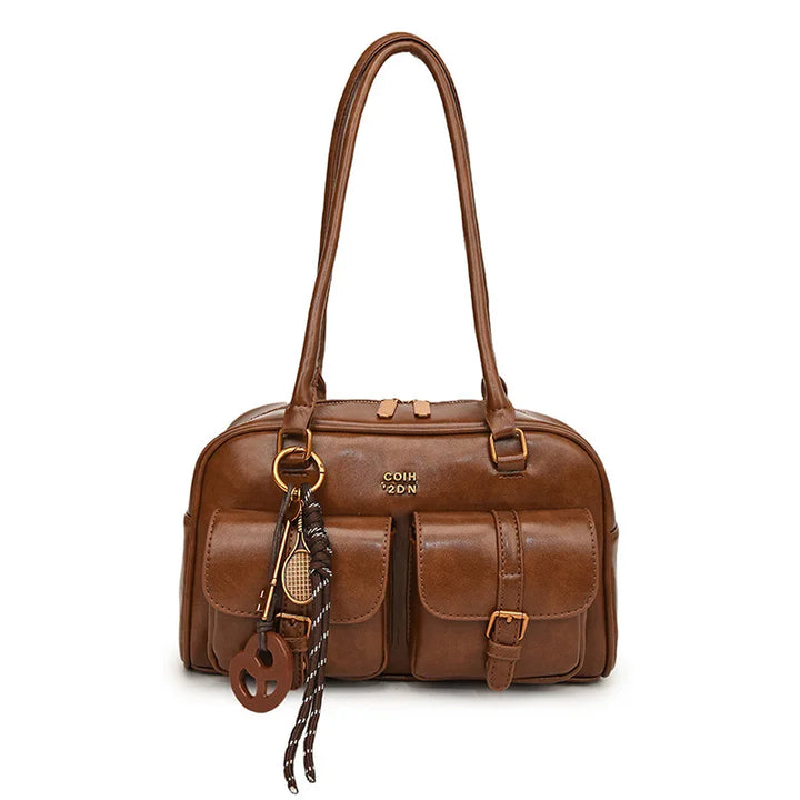 Sac à main multi-poches marron café pour femmes, sac à bandoulière élégant et polyvalent avec lettres pour les voyages, le travail, les dates de shopping