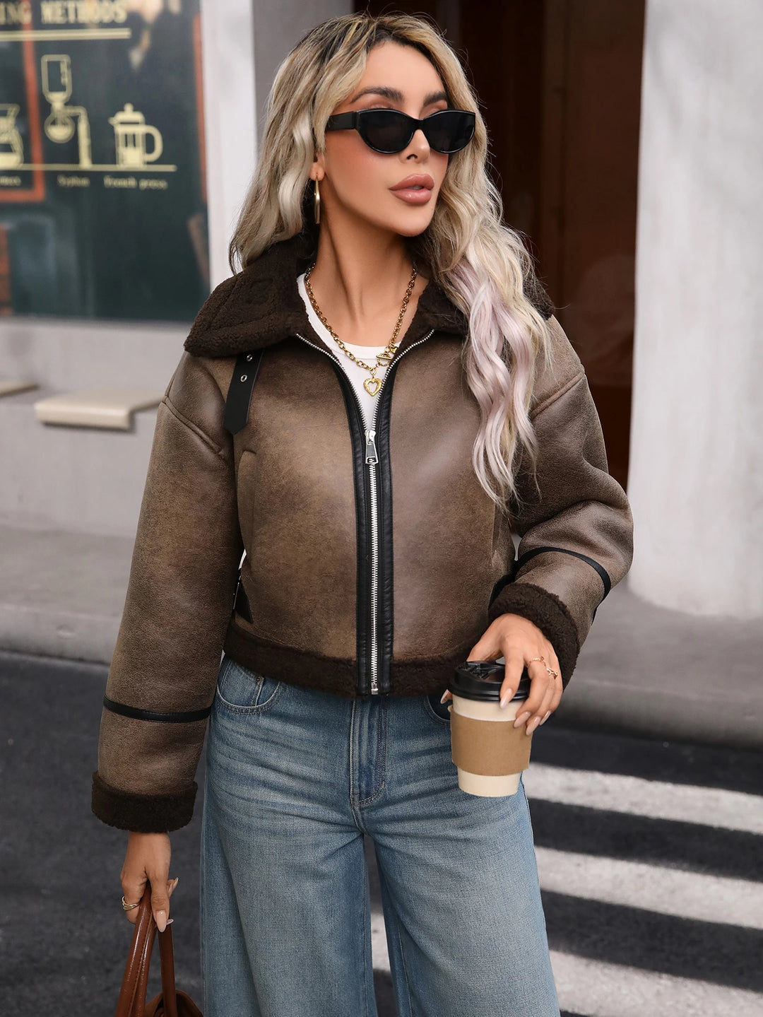 Veste de moteur Sherpa en simili cuir pour femme, manteau court d'aviateur bombardier