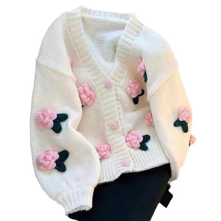 Cardigan tricoté à fleurs 3D pour femme, doux et mignon, coréen, assorti avec tout, col en v, manteau, automne hiver, Style doux, nouvelle collection