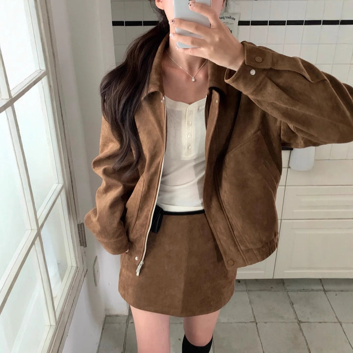 Veste en daim de Style coréen à la mode, ensemble Mini jupe trapèze à manches longues, tenue élégante d'automne pour femmes, Ensemble Chic et décontracté