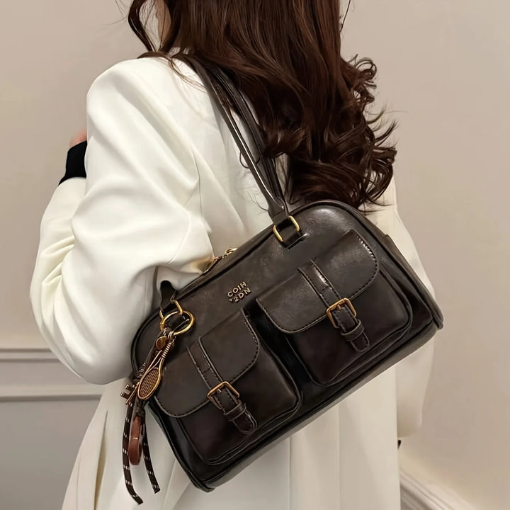 Sac à main multi-poches marron café pour femmes, sac à bandoulière élégant et polyvalent avec lettres pour les voyages, le travail, les dates de shopping