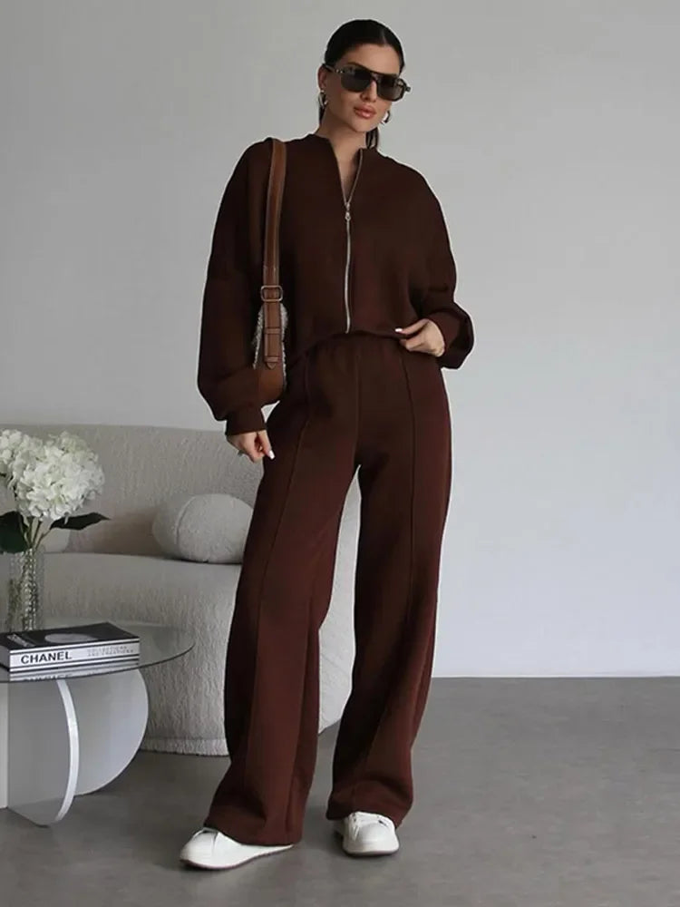 Ensemble sweat-shirt et pantalon pour femmes, décontracté, fermeture éclair, col rond, ample, à lacets, taille élastique, costumes, vêtements d'extérieur solides, printemps-automne
