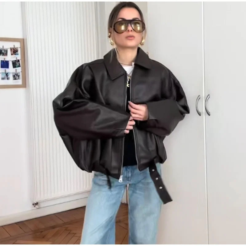Vestes bombardier Vintage en cuir PU pour femme, manteau avec fermeture éclair, revers, manches longues, poches, avec ceinture, ample, Streetwear, nouvelle collection automne 2025