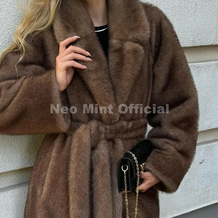 Neo Mint ceinturé fausse fourrure de vison manteau femmes 2025 hiver Beige dégradé fourrure veste de luxe marque à capuche chaud manteau d'extérieur