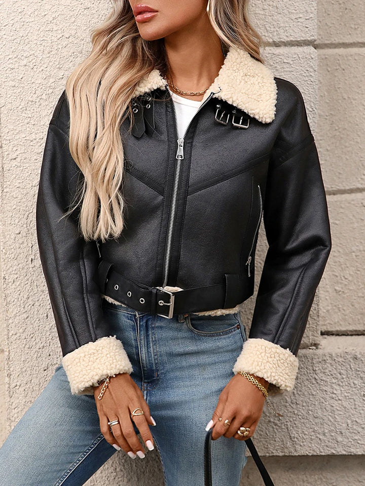 Ailegogo hiver femmes Streetwear fausse fourrure d'agneau veste courte avec ceinture Moto Biker épais chaud manteau en peau de mouton vêtements d'extérieur