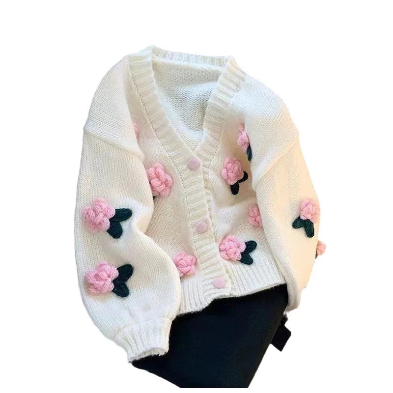 Cardigan tricoté à fleurs 3D pour femme, doux et mignon, coréen, assorti avec tout, col en v, manteau, automne hiver, Style doux, nouvelle collection