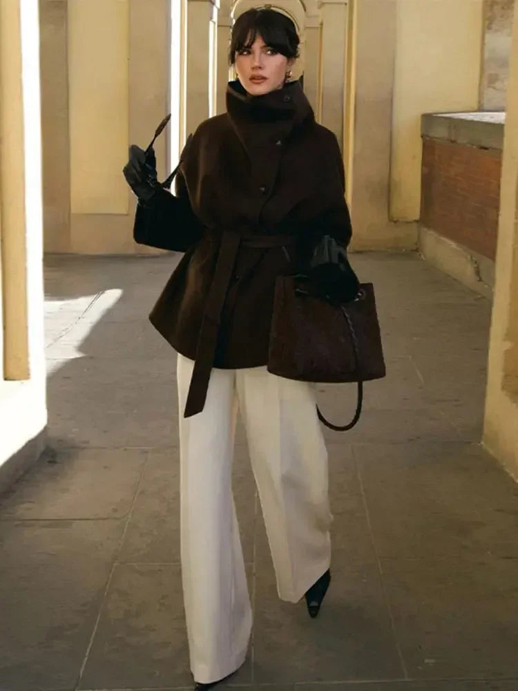 Manteau en laine à col montant pour femmes, couleur unie, manches longues, simple boutonnage, veste à lacets, vêtements d'extérieur quotidiens, nouvelle collection printemps automne 2026