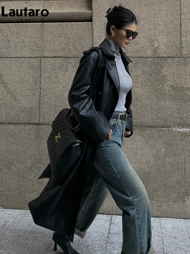 Lautaro – Trench-Coat en Faux cuir doux pour femmes, Long marron noir, ceinture à Double boutonnage, pardessus de luxe élégant, printemps automne