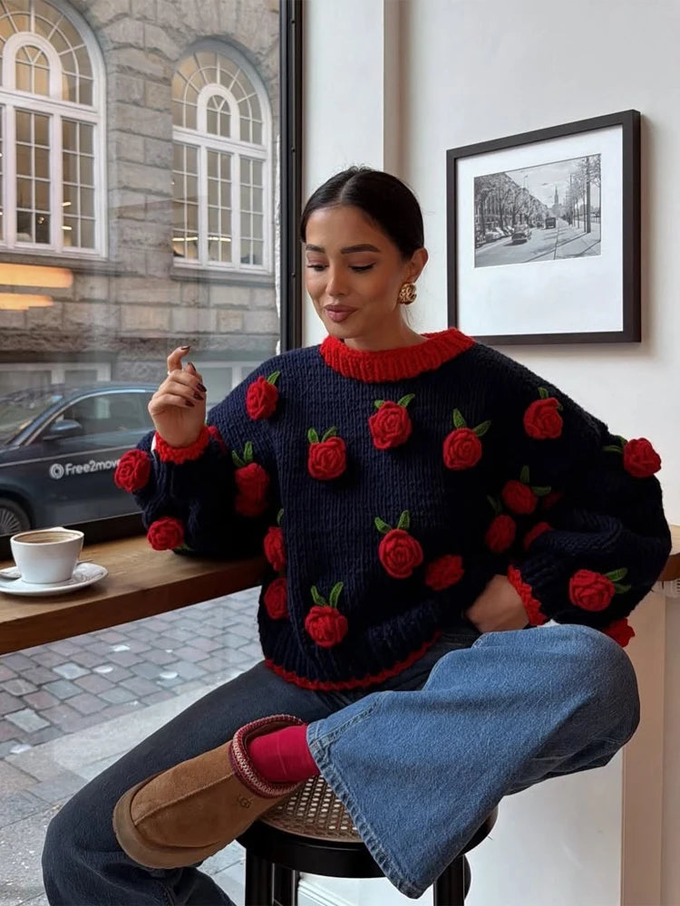 Pull Statement en Maille aux Roses Texturées Femme