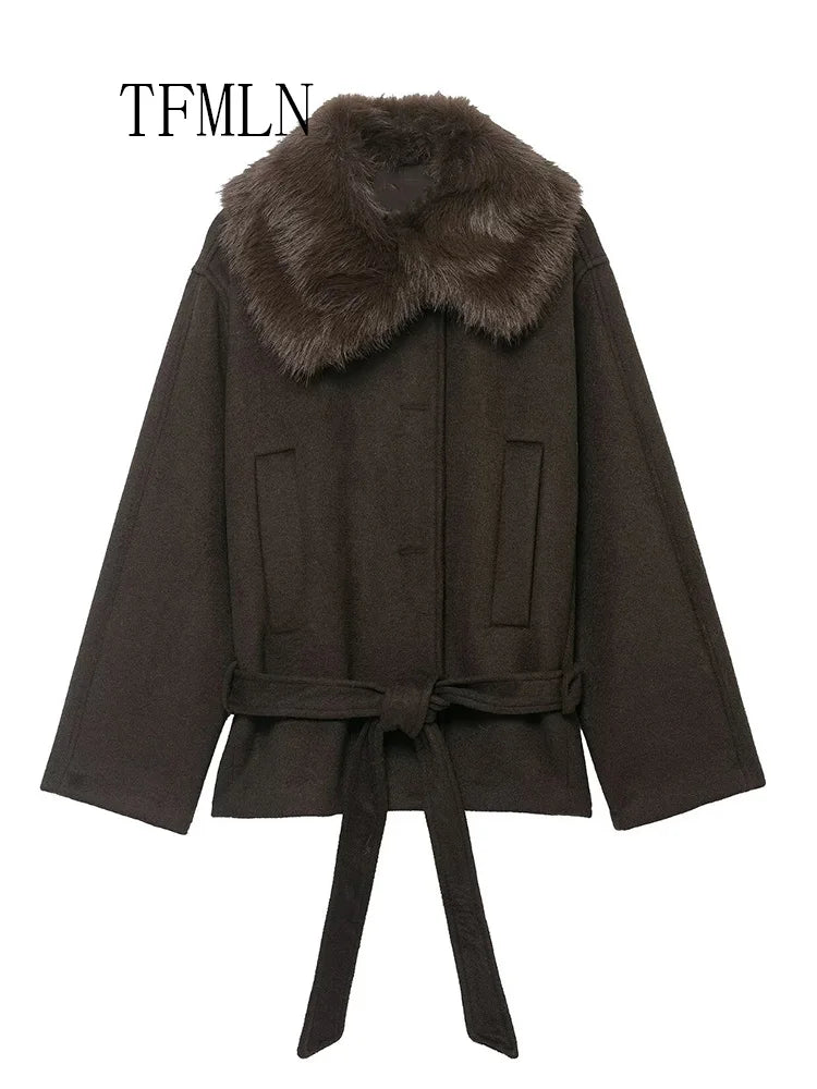 TFMLN femmes lâche fausse fourrure col vestes avec ceinture 2025 automne hiver chaud à manches longues recadrée manteaux rétro haute rue vêtements d'extérieur