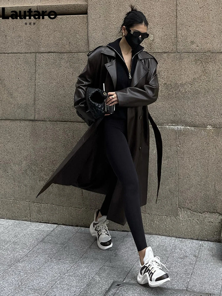 Lautaro – Trench-Coat en Faux cuir doux pour femmes, Long marron noir, ceinture à Double boutonnage, pardessus de luxe élégant, printemps automne
