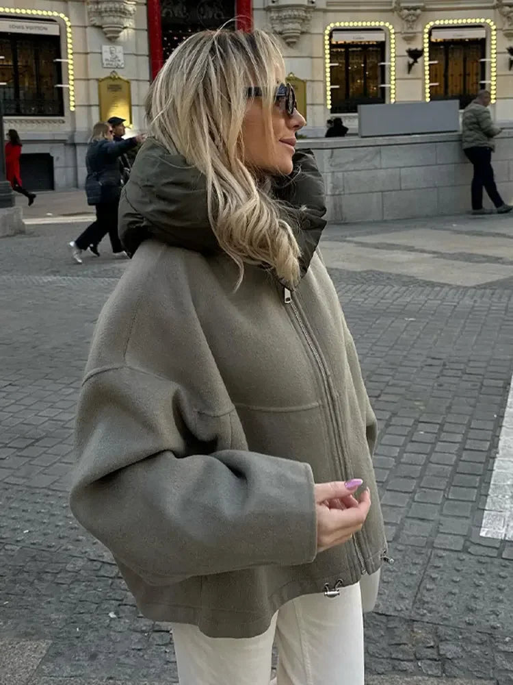 Veste à Capuche à Manches sulfpour Femme, Patchwork, Fermeture Éclair, Chaud, Décontracté, Chic, Rue, Automne, Hiver, 2024