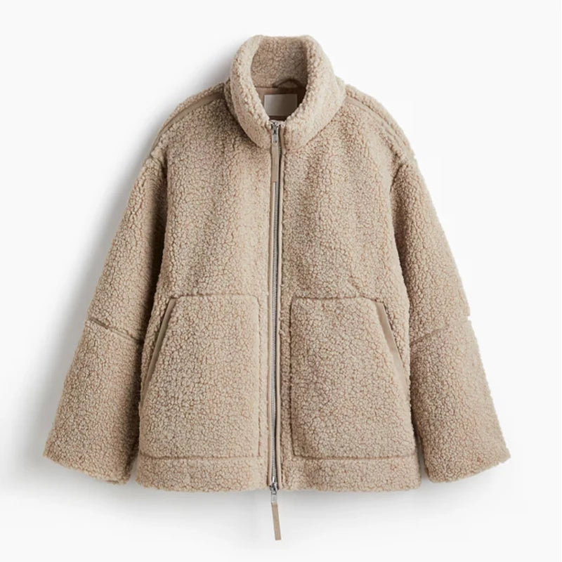 2025 automne hiver fourrure une pièce laine d'agneau femmes veste à glissière femme contraste couleur peluche manteau chaud mode dame vêtements d'extérieur