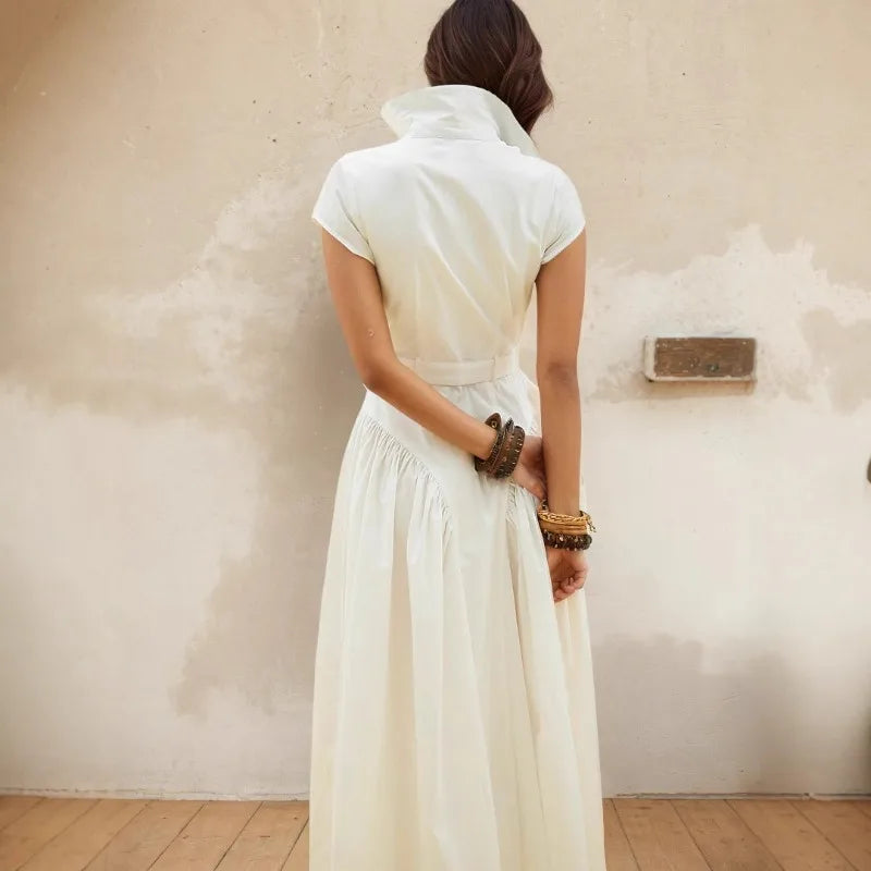 Robe longue à revers style français, simple boutonnage, pour femme, coupe ajustée, idéale pour l'été, vêtement féminin tendance pour le bureau