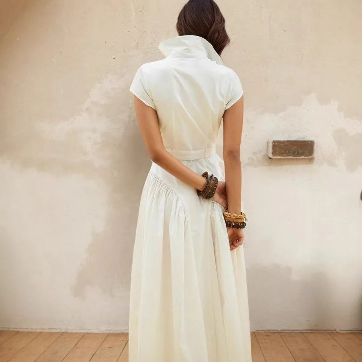 Robe longue à revers style français, simple boutonnage, pour femme, coupe ajustée, idéale pour l'été, vêtement féminin tendance pour le bureau