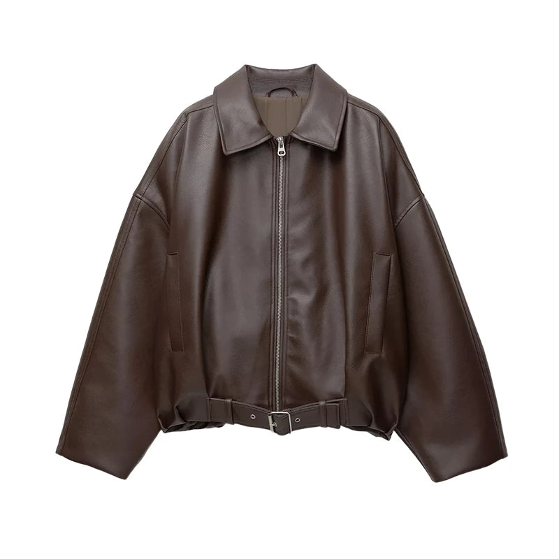 Vestes bombardier Vintage en cuir PU pour femme, manteau avec fermeture éclair, revers, manches longues, poches, avec ceinture, ample, Streetwear, nouvelle collection automne 2025
