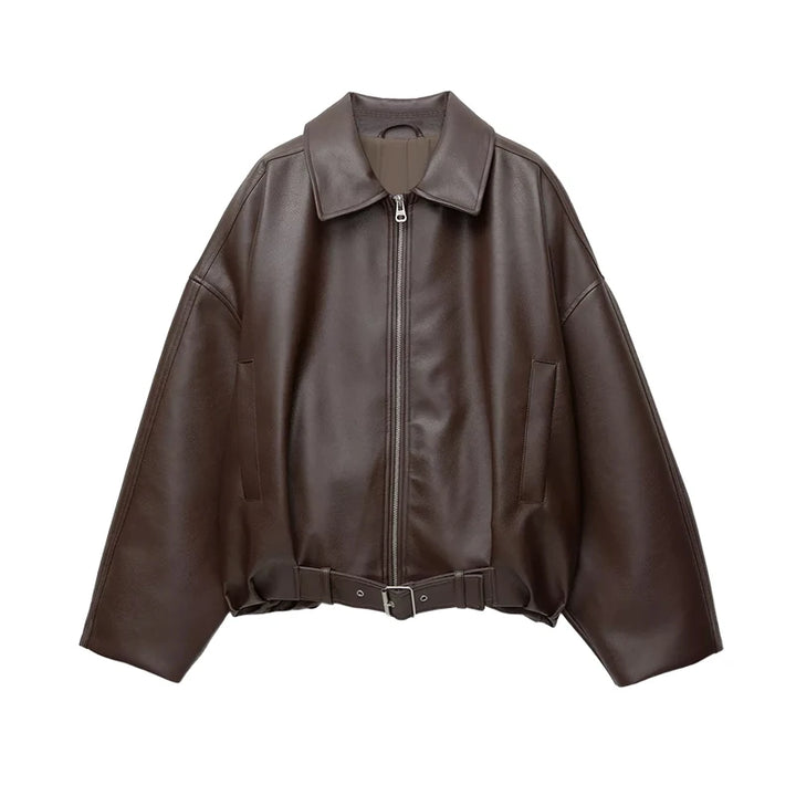Vestes bombardier Vintage en cuir PU pour femme, manteau avec fermeture éclair, revers, manches longues, poches, avec ceinture, ample, Streetwear, nouvelle collection automne 2025