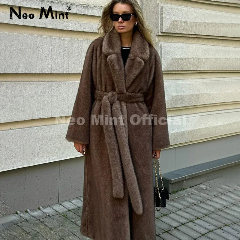 Neo Mint ceinturé fausse fourrure de vison manteau femmes 2025 hiver Beige dégradé fourrure veste de luxe marque à capuche chaud manteau d'extérieur