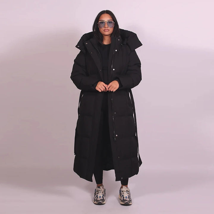Chaud femmes gonflé matelassé à capuche Long coton manteau ample solide col montant à lacets fermeture éclair pardessus 2025 hiver dame vêtements d'extérieur