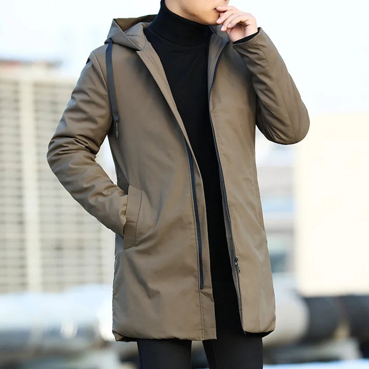 Veste d'hiver à capuche pour homme, manteau Simple, couleur unie, épais, chaud, coupe-vent, mi-long, manches longues, fermeture éclair, vêtements d'extérieur, nouvelle collection