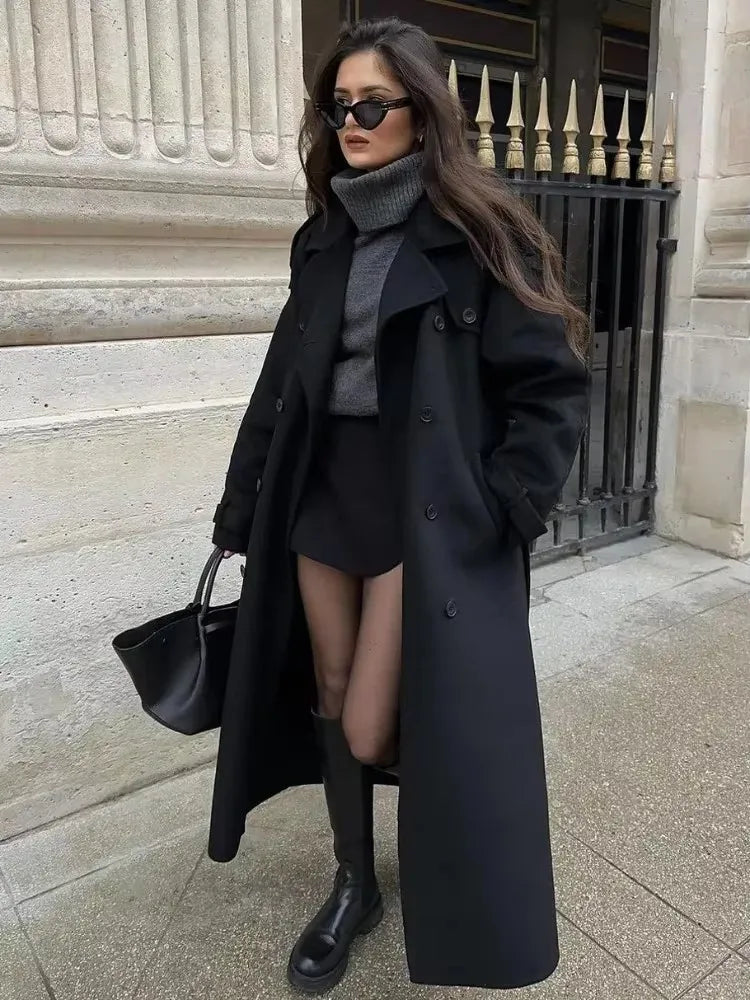 Manteau Long Noir Élégant avec Ceinture pour Femme, Pardessus Surdimensionné en Laine, Double Bouton, Revers, Nouvelle Collection Automne