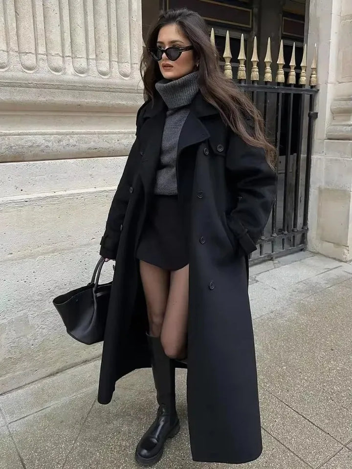 Manteau Long Noir Élégant avec Ceinture pour Femme, Pardessus Surdimensionné en Laine, Double Bouton, Revers, Nouvelle Collection Automne